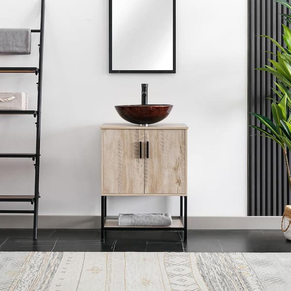 eclife 24 in. W x 20 in. D x 31.5 in. H Freestanding Bath Vanity in Oak with Single Brown Glass Vessel Sink Top ORB Faucet