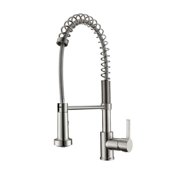 Barclay Products Niall Single Handle Deck Mount Spring Gooseneck Pull Down Spray Kitchen Faucet with Lever Handle 1 in Brushed Nickel