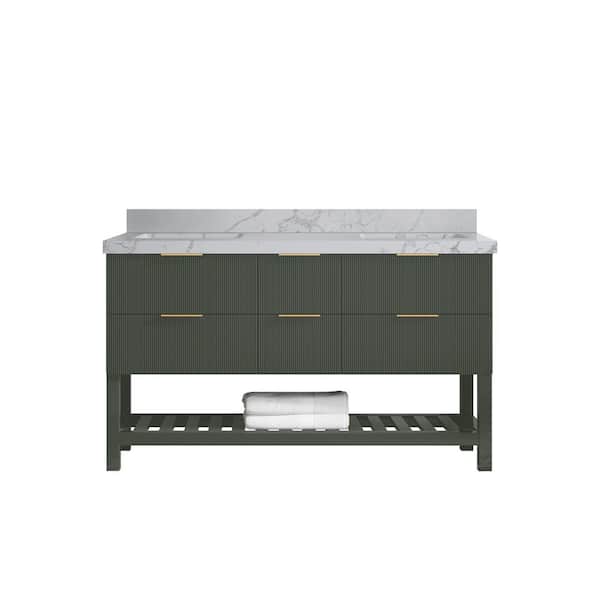 Willow Collections Catalina 60 in. Double Sink Freestanding Pewter Green Bath Vanity with Venatino Qt. Top Unassembled