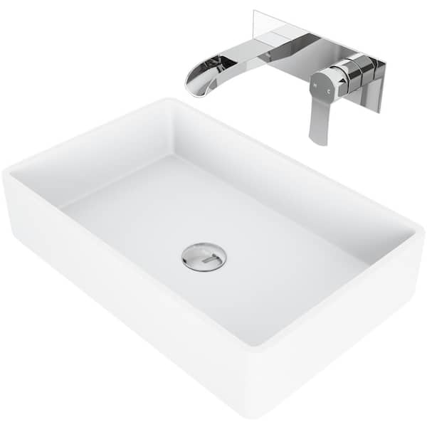VIGO Matte Stone Magnolia Composite Rectangular Vessel Bathroom Sink in White with Faucet and Pop-Up Drain in Chrome