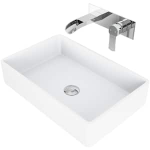 Matte Stone Magnolia Composite Rectangular Vessel Bathroom Sink in White with Faucet and Pop-Up Drain in Chrome