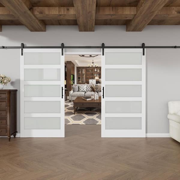 84 in. x 84 in. 5-Lite Tempered Frosted Glass White Primed MDF Wood Sliding Barn Door with Hardware Kit