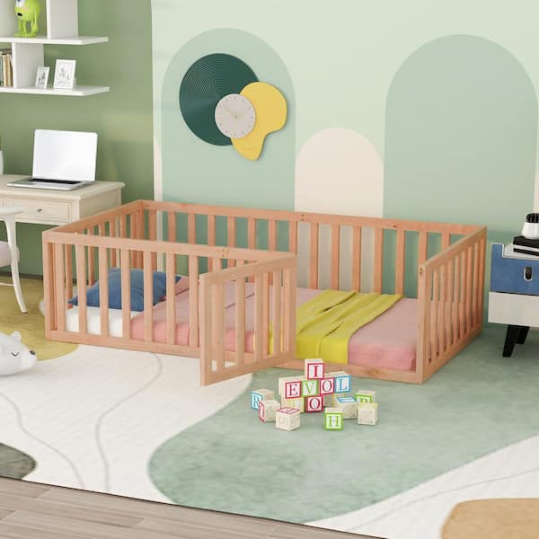 ANBAZAR Natural Twin Size Montessori Bed with Fence and Door, Toddler Floor Bed Frane Twin Size, Floor Bed frame for Kids