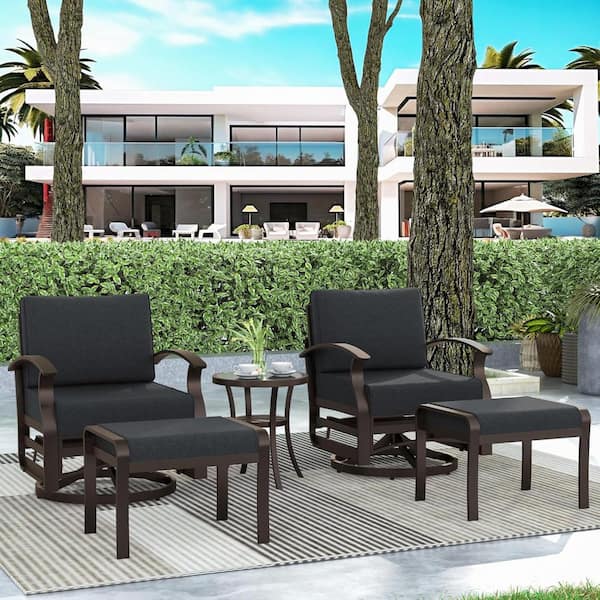 5-Piece Aluminum Swivel Outdoor/Indoor Rocking Chairs Patio Conversation Set with Black Cushions and Table, Footstool