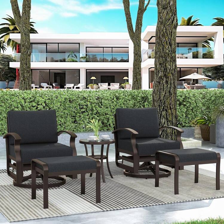 Halmuz 5-Piece Aluminum Swivel Outdoor/Indoor Rocking Chairs Patio Conversation Set with Black Cushions and Table, Footstool