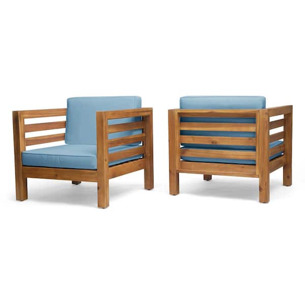 Noble House Oana Teak Brown Removable Cushions Wood Outdoor Patio Lounge Chairs with Blue Cushions (2-Pack)
