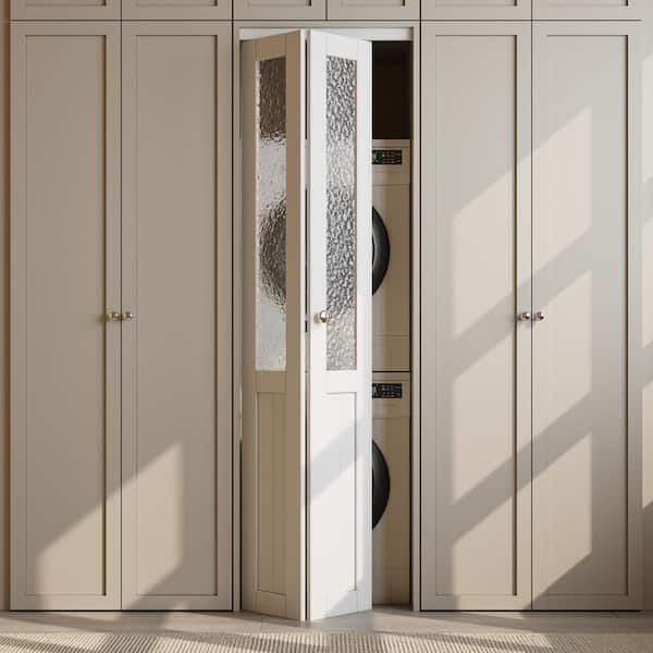 ARK DESIGN 24 in. x 80 in. 1/2 Lite Tempered Kasumi Ripple Glass Solid Core White Finished Closet MDF Bifold Door with Hardware