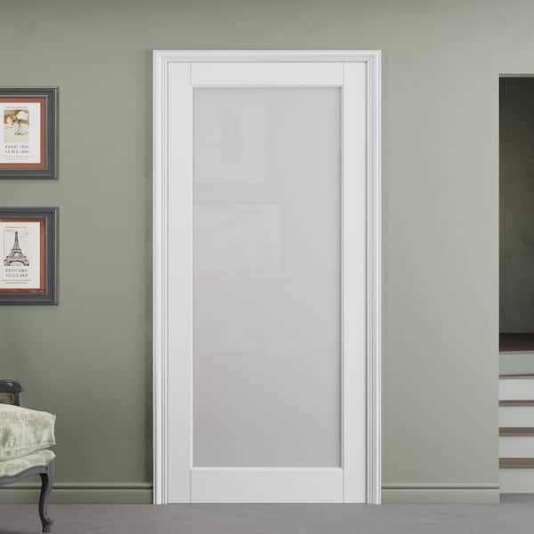 32 in. x 80 in. Solid Core MDF 1-Lite Tempered Frosted Glass and Manufacture Wood White Primed Interior Door Slab