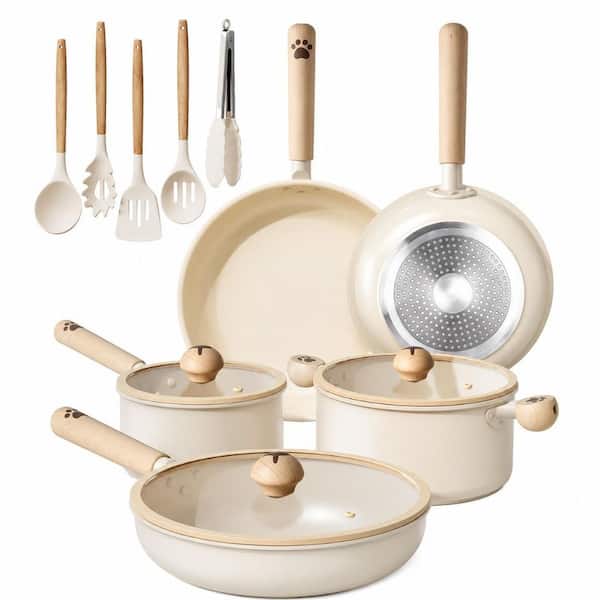 18 Piece Ceramic Nonstick Cookware Set Induction Compatible Non Toxic Pots and Pans Dishwasher Safe in Cream
