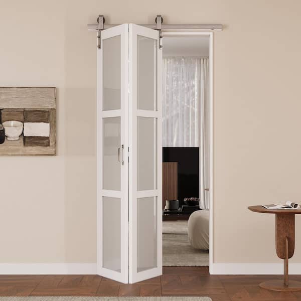 40 in. x 84 in. 3-Lite Tempered Frosted Glass White Finished MDF Bi-Fold Sliding Barn Door with Hardware Kit Nickel