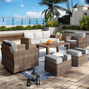 Brown Rattan Wicker 6-Piece Outdoor Patio Conversation Set with Swivel Rocking Chairs, Table, Ottomans and Gray Cushions