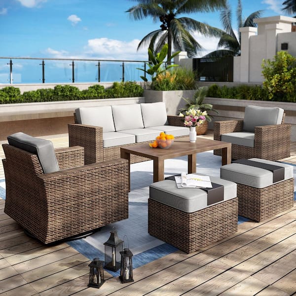 Brown Rattan Wicker 6-Piece Outdoor Patio Conversation Set with Swivel Rocking Chairs, Table, Ottomans and Gray Cushions