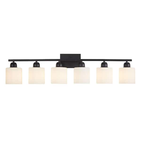 38.2 in. 6-Light Modern Black Bathroom Vanity Wall Light with Frosted Glass Shades
