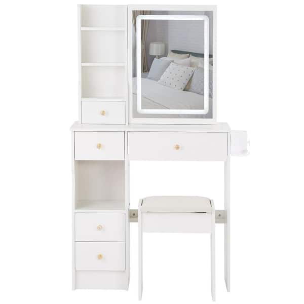 2-Piece White Vanity Table Set with Cushioned Stool, Sliding LED Mirror, Power Station durable construction