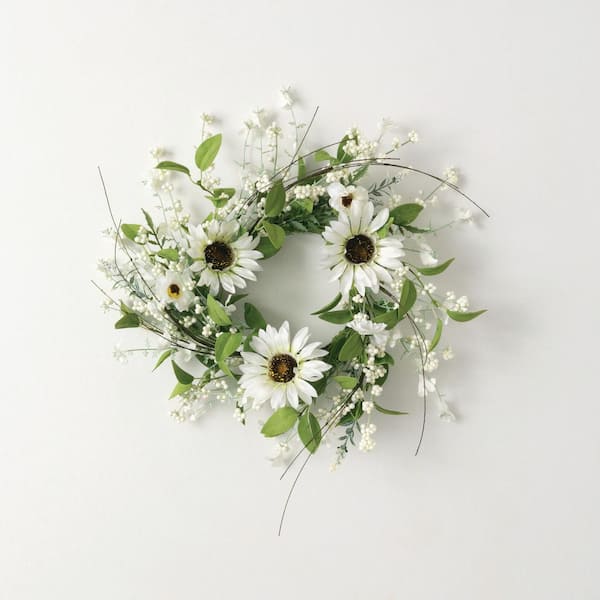 SULLIVANS 16.5 in. Artificial Sunflower and Wispy Berry Mini Wreath, White