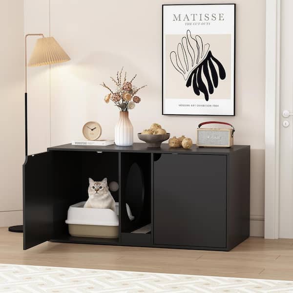 FUFU&GAGA Large Cat Litter Box Enclosure for 2 Cats, Indoor Wood Stackable Cat Washroom Cabinet Bench End Table Furniture, Black