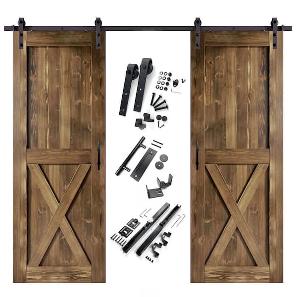 HOMACER 30 in. x 96 in. X-Frame Walnut Double Pine Wood Interior Sliding Barn Door with Hardware Kit, Non-Bypass