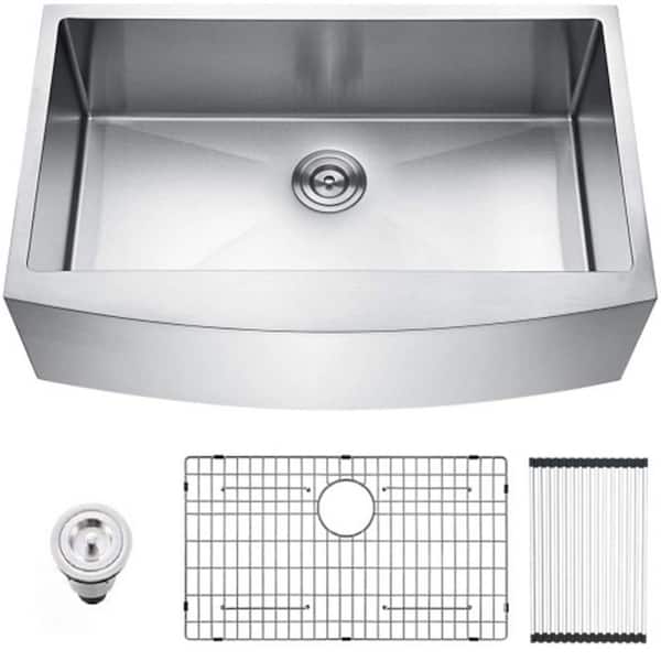 Brushed Nickel 16-Gauge Stainless Steel 33 in. Single Bowl Farmhouse Apron Kitchen Sink with Bottom Grid Basket Strainer