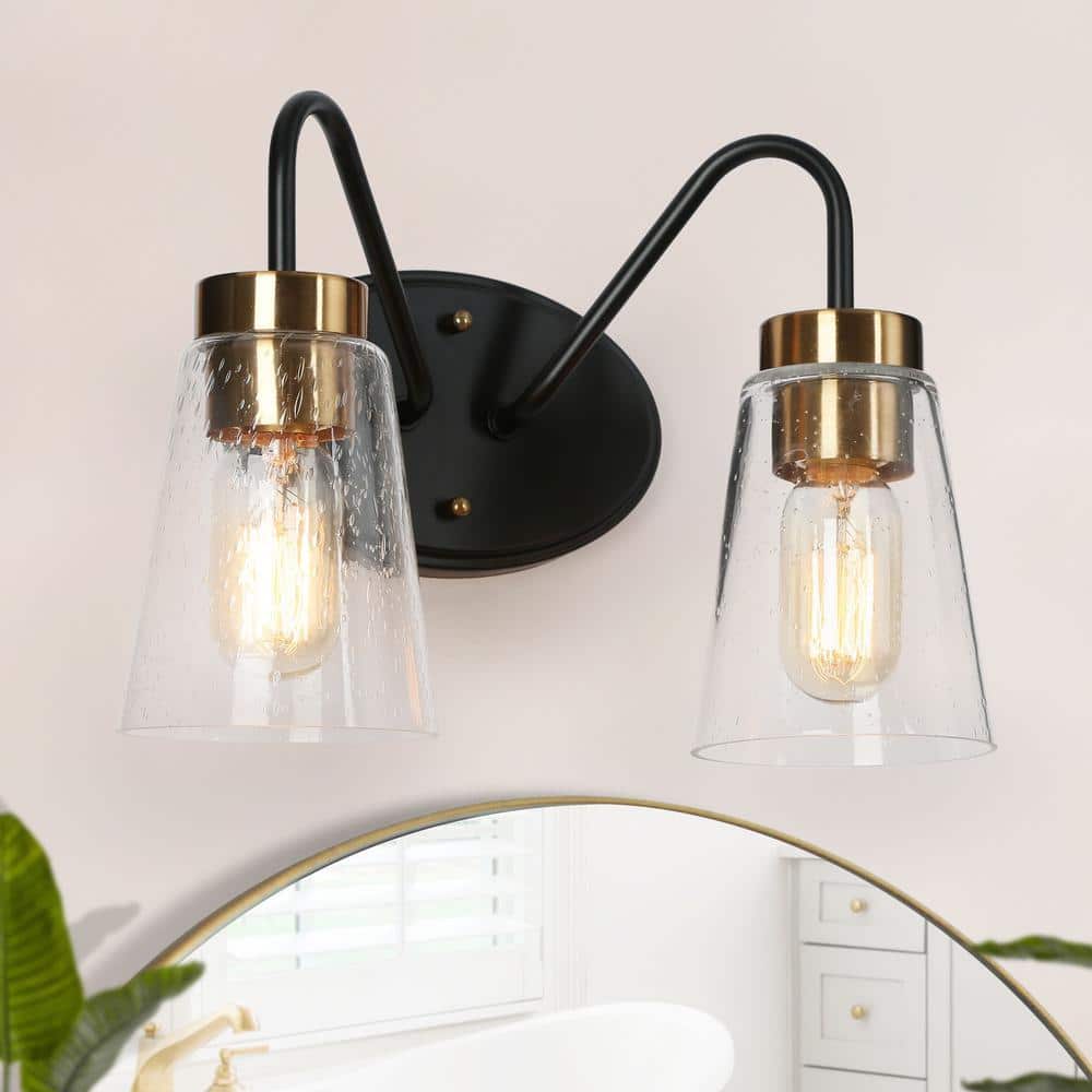 Zevni 12.5 in. 2Light Black Industrial Bathroom Vanity Light, Seeded