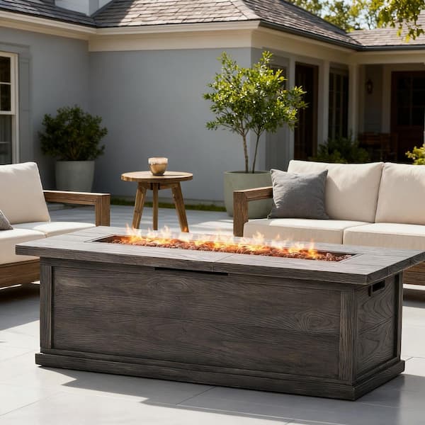 56.1 in. Outdoor 50, 000 BTU Rectangular MgO Concrete Propane Fire Pit Table with Gray Wood Pattern