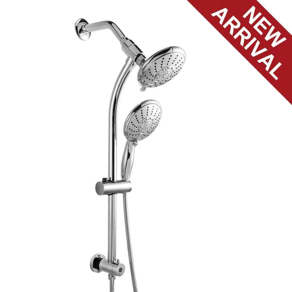 Logmey 5-Spray Patterns with 2.5 GPM 5 in. Wall Mount Dual Shower Heads with Slide Bar and Hose in Chrome Polishing