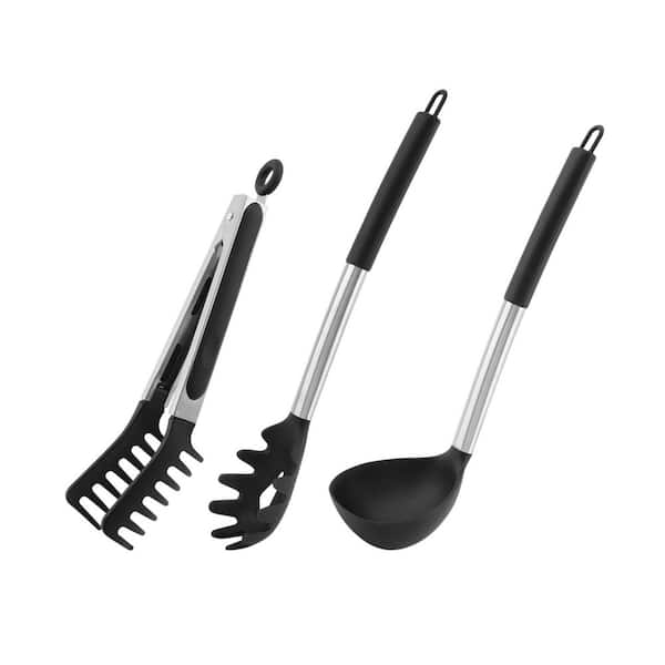 Non-stick Silic1 Spaghetti Spoon Fork and Tong Teeth-Shaped Head Stainless Steel Handle Kitchen Utensils Set 3 Pack