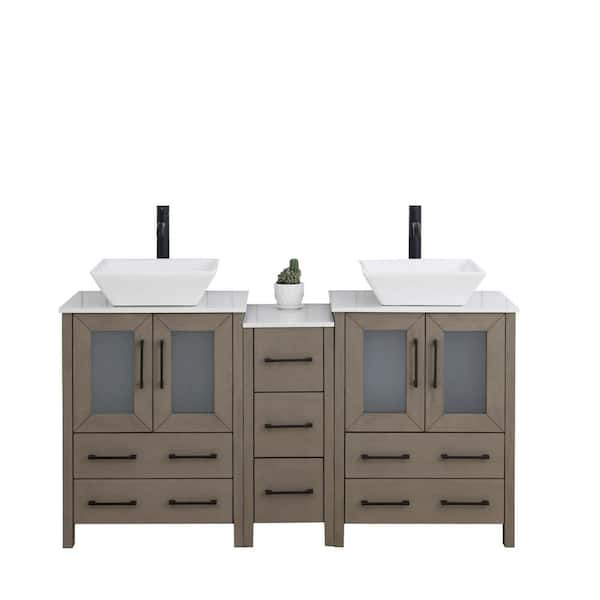 Vanity Art 60 in. W Double Basin Driftwood Gray Bath Vanity with White Engineered Marble Top and Mirror