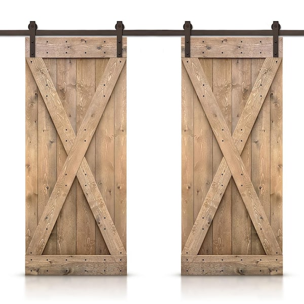 CALHOME X 52 in. x 84 in. Light Brown Stained DIY Solid Pine Wood Interior Double Sliding Barn Door with Hardware Kit