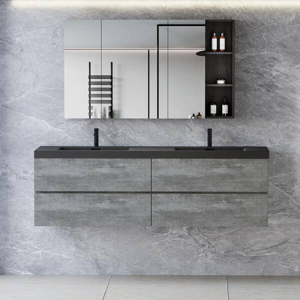 TCYO 60 in. Wall-Mounted Grey Bath Vanity with Black Solid Surface