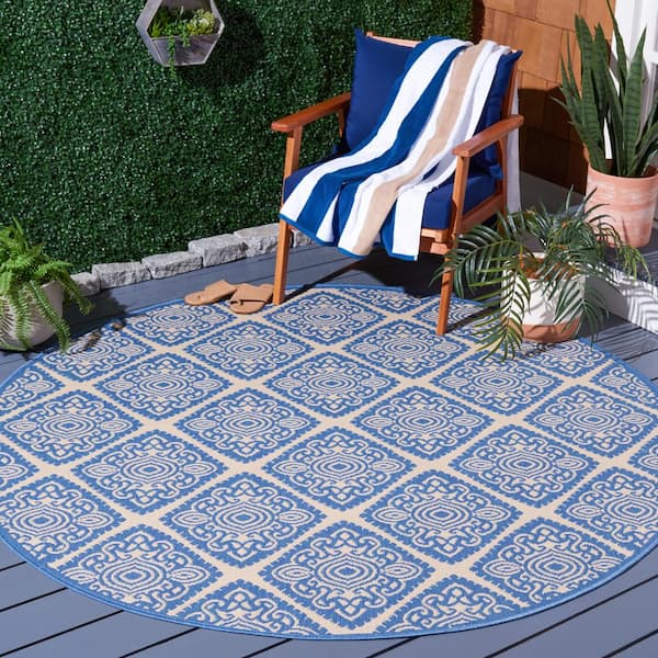 Beach House Cream/Blue 7 ft. x 7 ft. Round Medallion Geometric Indoor/Outdoor Area Rug