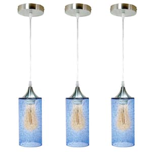 1-Light Cylinder Nickel Hand Blown Blue Seeded Glass Shade Pendant (Pack of 3)