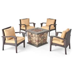Kanihan Brown 5-Piece Faux Rattan Patio Fire Pit Seating Set with Tan Cushions