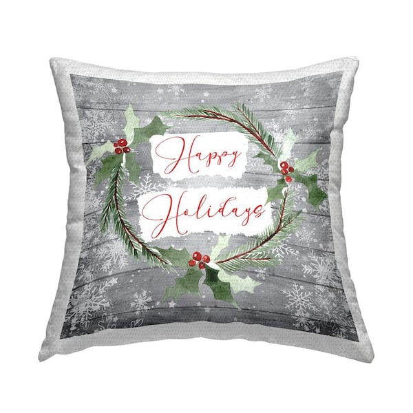 Happy Holidays Winter Holly Wreath Grey Square Outdoor Throw Pillow