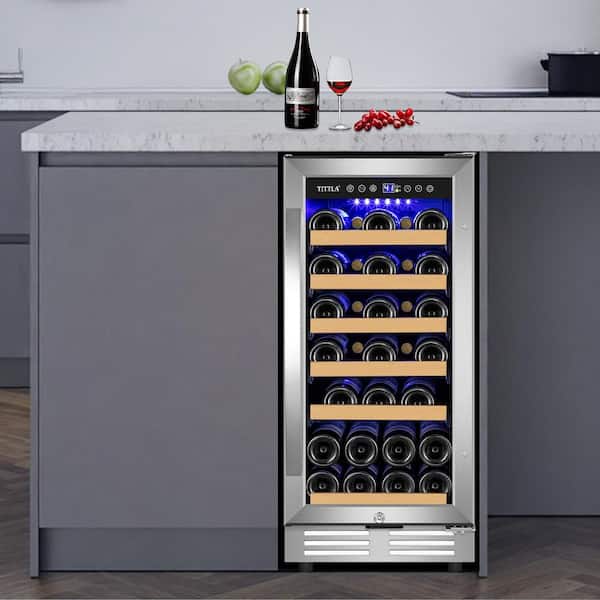 TITTLA 15 in. Single Zone 30-Bottle Cellar Cooling Unit Built- in Wine Cooler 6-Removable Shelves Silver Wine Refrigerator
