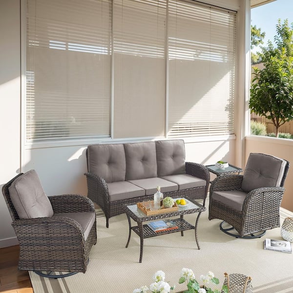 Gymojoy Carlos Brown 5-Piece Wicker Patio Conversation Deep Seating Set with CushionGuard Thick Gray Cushions