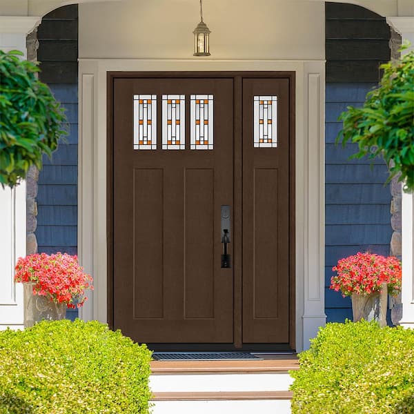Regency 53 in. x 80 in. 3Lite Amberton Deco Glass LHIS Hickory Stain Fir Grain Fiberglass Prehung Front Door w/14in.SL