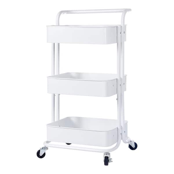 Flynama 3-Tier 11 in. W Metal Rolling Utility Kitchen Cart with Wheels and Handle in White