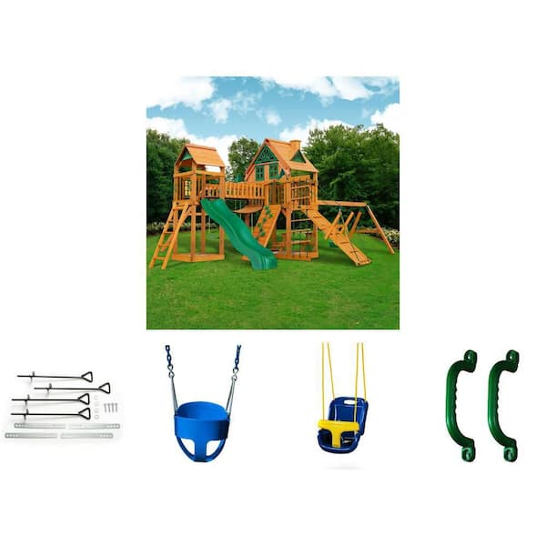 Pioneer Peak Treehouse Set, Anchor-It Kit, Full-Bucket Swing, Infant Swing, and Green Safety Handles (2-Set)