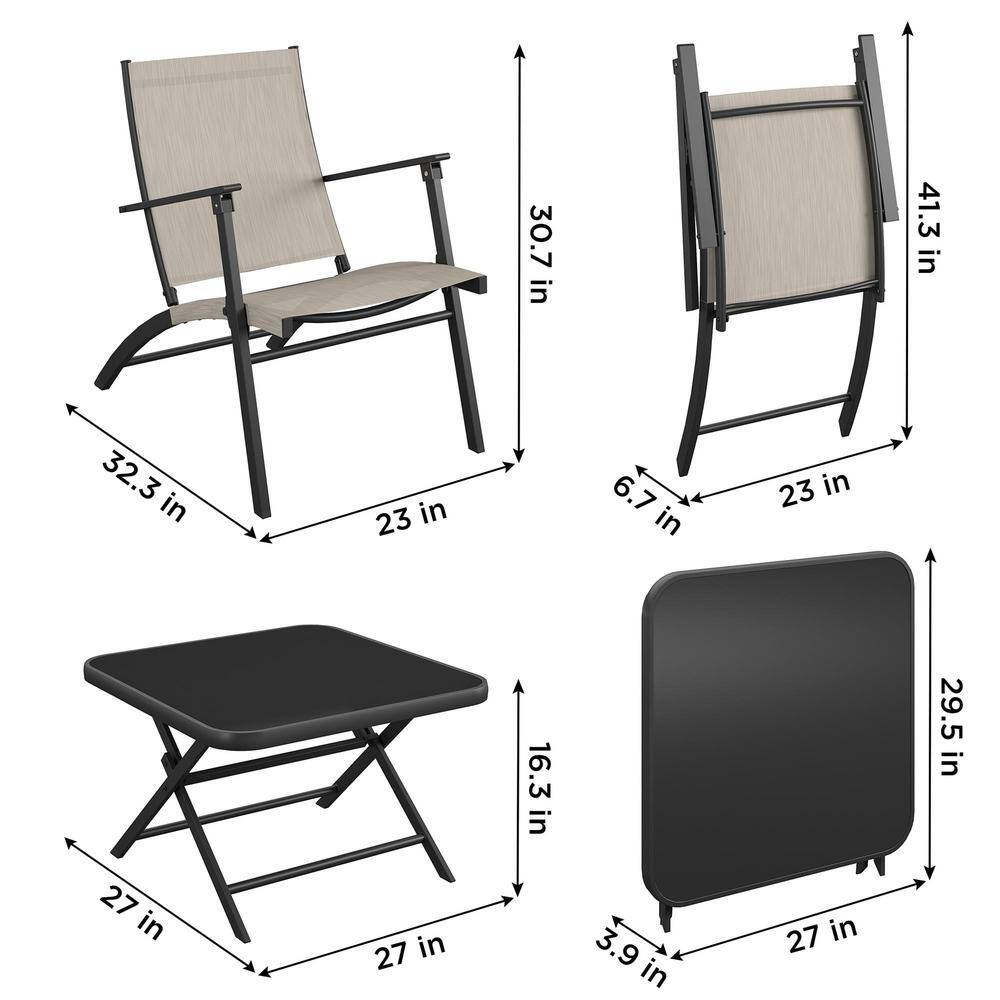 Beige and Black Steel 5-Piece Folding Sling Patio Chat Set