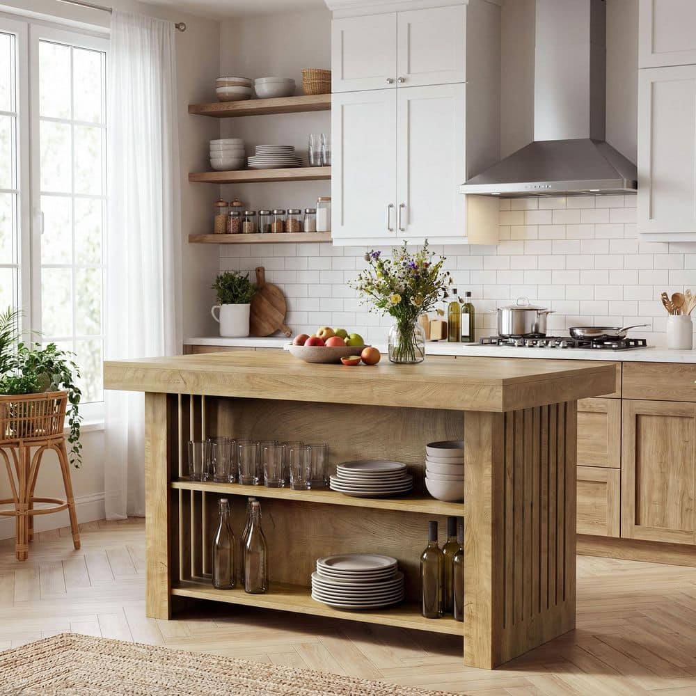 noa　unico WYTHE kitchen counter BYBLIGHT Keenyah Oak Brown 63 in. W Kitchen Island with 4 Spacious