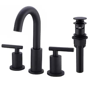 Brass 8 in. Widespread Double Handle Bathroom Faucet with Pop-Up Drian Kit Water Supply Hoses Matte Black