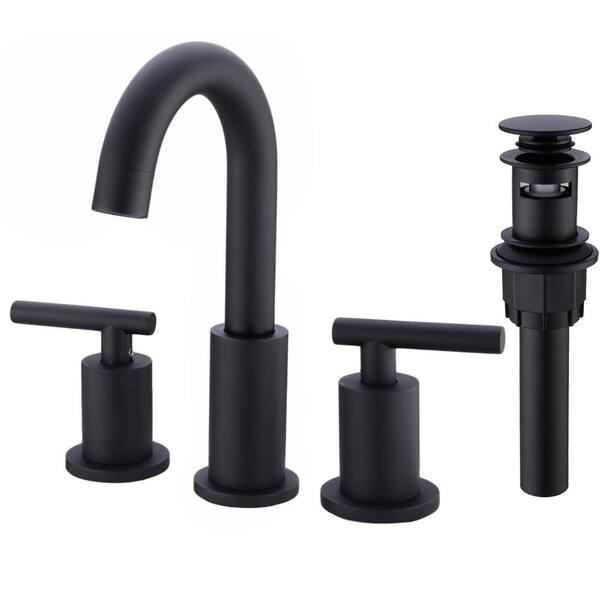 TRUSTMI Brass 8 in. Widespread Double Handle Bathroom Faucet with Pop-Up Drian Kit Water Supply Hoses Matte Black