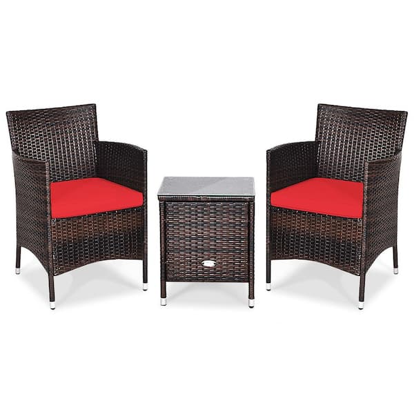 Gymax 3-Pieces Patio Outdoor Rattan Wicker Furniture Set with Red Cushioned Chairs Coffee Table