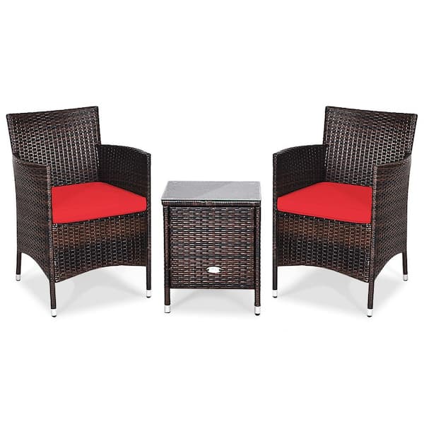 Gymax 3-Pieces Patio Outdoor Rattan Wicker Furniture Set with Red Cushioned Chairs Coffee Table