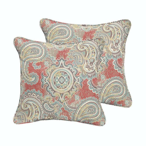 SORRA HOME Coral/Aqua Paisley Outdoor Corded Throw Pillows (2-Pack)