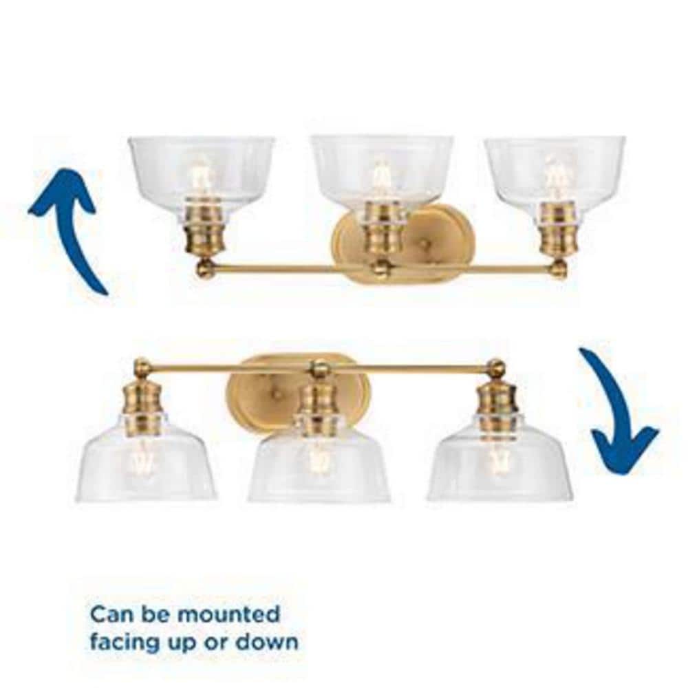 Vintage Brass 3-Light Vanity Fixture with Clear Glass Shades
