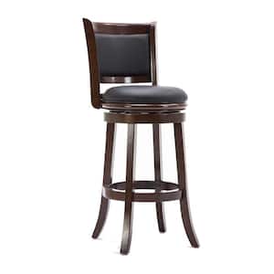19.5 in. Dark Brown Low Back Wooden Frame Faux leather Upholstered Round Wooden Swivel Bar Stool with Padded Seat