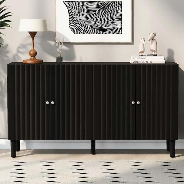 Black Wood 58.1 in. Sideboards with 4-Doors, Cylindrical Legs and Sleek Metal Handles Ideal for Dining Table Area