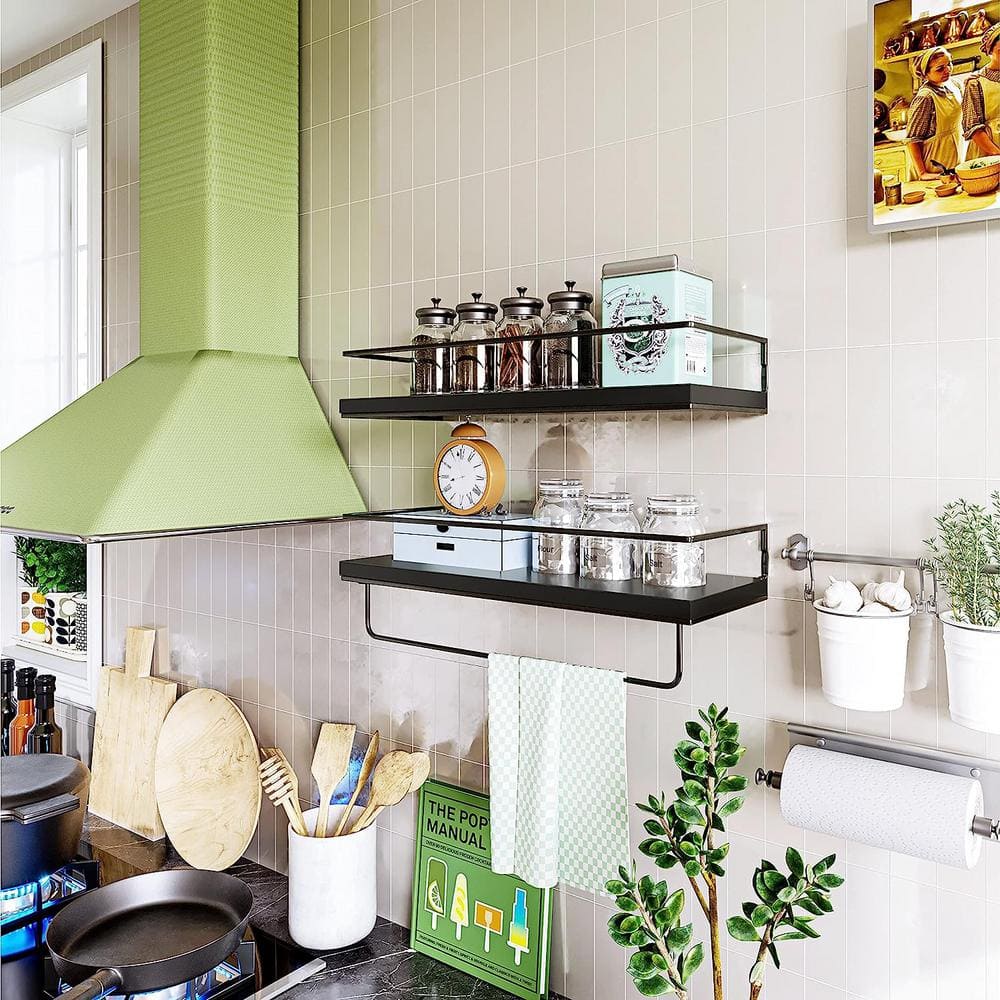 Black Cedar Wood Floating Wall Shelves with Towel Rack