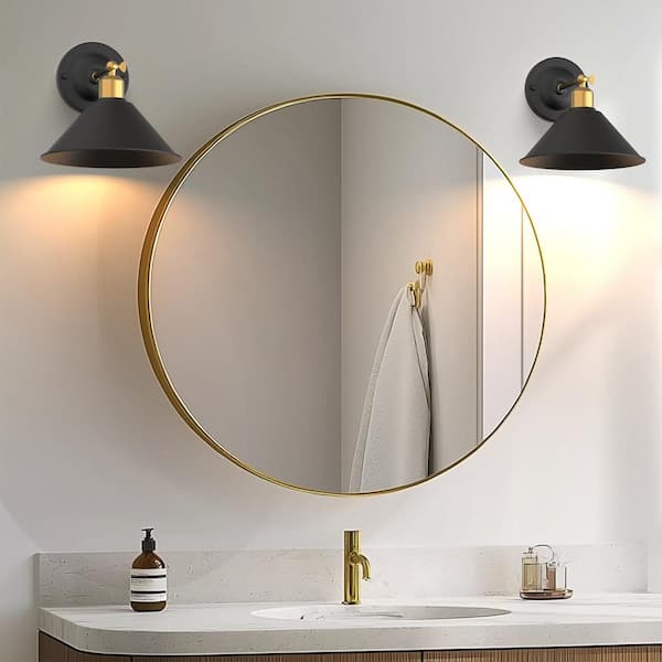 9 in.2-Pack Black and Gold Bell Wireless Wall Sconces, Dimmable LED Wall Lights with Remote Control for Bathroom Bedroom